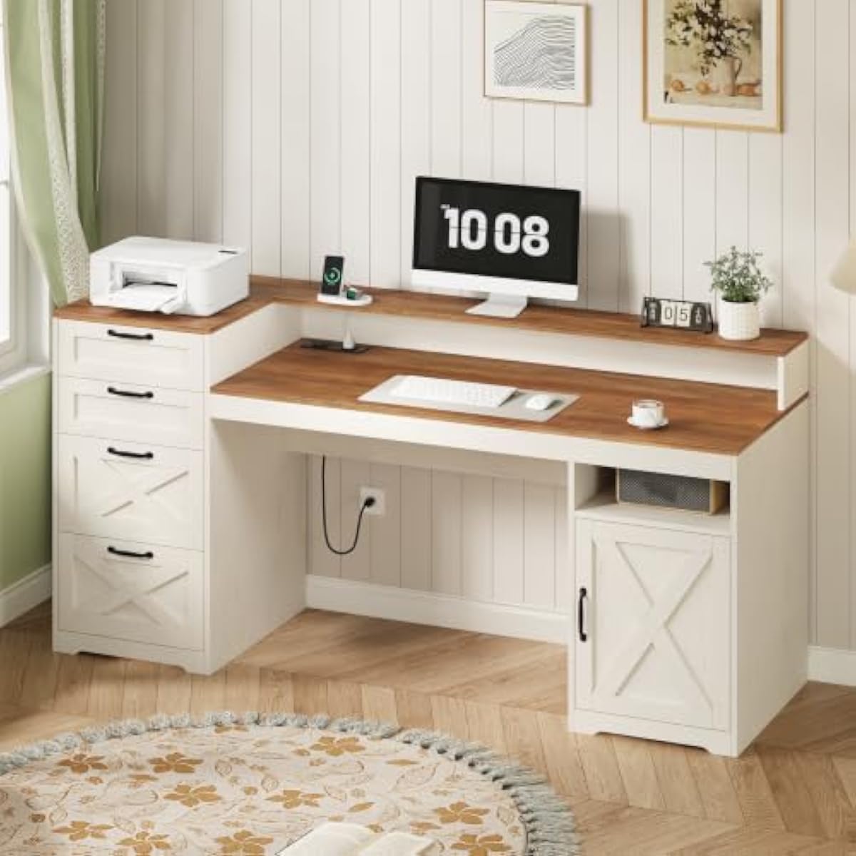 Printer Stand - Bureau en bois composite blanc rustique